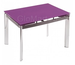 Прямоугольный раскладной стол из стекла на металлокаркасе. Цвет фиолетовый.