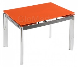 Прямоугольный раскладной стол из стекла на металлокаркасе. Цвет оранжевый.