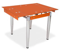 Раскладной стеклянный стол на металлокаркасе. Цвет оранжевый.