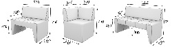 Три секции для углового дивана: диван малый, секция угловая, диван двухместный.
Габаритные размеры.
