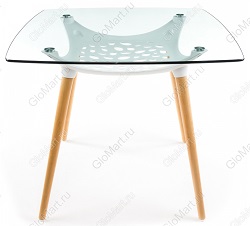 Стол со стеклянной столешницей на деревянных ножках. Полочка из пластика.