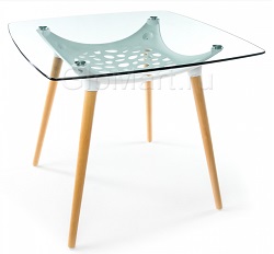Стол со стеклянной столешницей на деревянных ножках. Полочка из пластика.