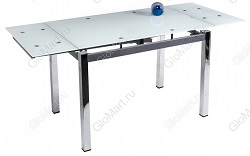 Прямоугольный стол из стекла на металлических опорах. Цвет белый.