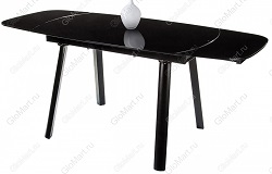 Стеклянный стол с черной столешницей на металлокаркасе.