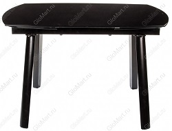 Стеклянный стол с черной столешницей на металлокаркасе.