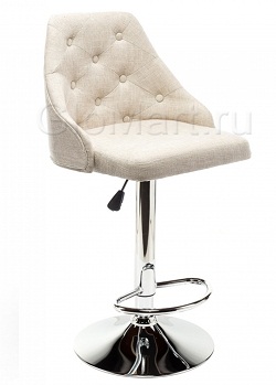 Барный стул с мягким сиденьем, обтянутым бежевой тканью. Опора хромированная металлическая