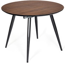 Обеденный круглый раскладной стол, каркас черный металл, столешница МДФ цвета темный орех