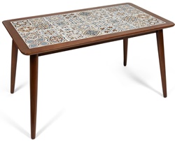 Нераскладной обеденный стол из массива гевеи, цвет темный дуб, столешница из плитки с марокканским рисунком