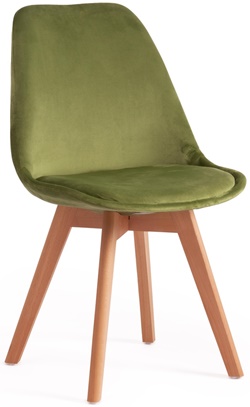 Стул с мягкой спинкой и сиденьем, обивка вельвет зеленого цвета, ножки деревянные натурального цвета