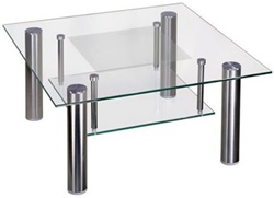 Квадратный столик с полочкой из прозрачного стекла и металла в современном стиле
