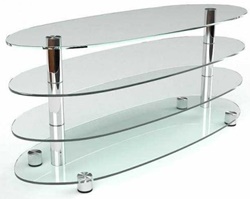 Овальная ТВ тумба из прозрачного стекла и металла с полочками в современном стиле