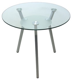 Стеклянный обеденный стол на металлических ножках. Размер: диаметр 80 см. Высота 75 см.