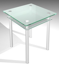 Cтеклянный стол с полочкой.  Размеры д*ш*в: 700*700*750 мм. Материал:стекло, металл.