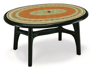 Зеленый пластиковый овальный стол с декором из мозаики 