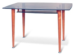 Прямоугольный обеденный стол с подстольем. Столешница - стекло. Опоры - дерево.
