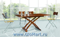 Стол-трансформер.
Размеры: Ширина 70/105 см., Длина 105/140 см, Высота 40-71 см. 
Цвет: вишня. Материал: Шпон.
Производство: Китай