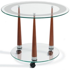 Журнальный стол со стеклянной столешницей. Материалы: стекло, натуральное дерево, металл. Цвет: средне-коричневый.