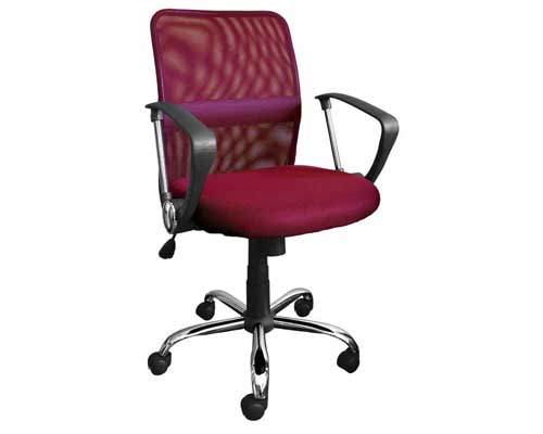 Кресло офисное. Сидение и спинка выполнены из ткани-сеточки. Цвет бордо. Ножки металлические. 