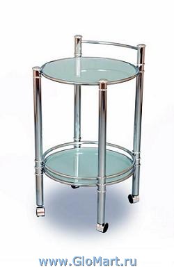 Круглый сервировочный столик из матового закаленного стекла и хромированного метала.
