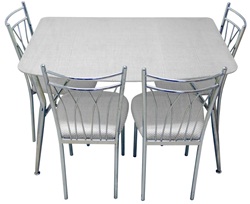 Обеденная группа с прямоугольным стеклянным столом и 4-мя стульями.  Размер (д-ш-в): 120х87х75 см.Цвет столешницы и стульев светло-серый.  
