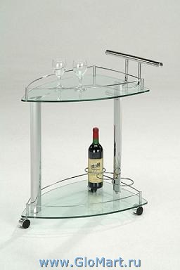 Cтеклянный  сервировочный столик на колесиках. Выполнен из хромированного металла и закаленного стекла.