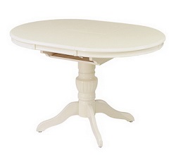 Круглый белый раскладной стол из дерева с дополнительной вставкой. 