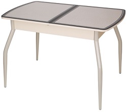 Стол стеклянный раздвижной с кожзамом, цвет ЛДСП крем, рамка коричневая. 