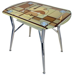 Стеклянный прямоугольный обеденный стол с витражным рисунком Инь-Янь .  Размеры: 900х600мм . Материалы: стекло/металл.Цвет Коричнево-бежевый.