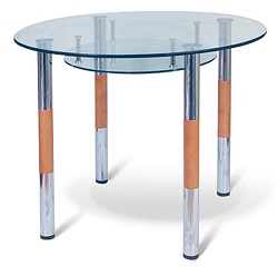 Обеденный стол из стекла, металла и дерева круглой формы. 