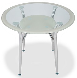 Круглый стеклянный стол с окантовкой по периметру и полочкой. Цвет бежевый.