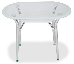 Овальный стеклянный стол с окантовкой по периметру и полочкой. Цвет супер белый. 