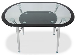 Овальный стеклянный стол с окантовкой по периметру и полочкой. Цвет черный. 