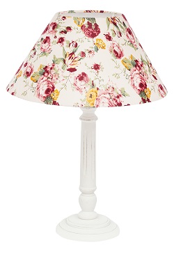 Лампа настольная с деревянным основанием и абажуром из ткани с принтом. Цвет античный белый.