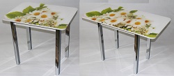 Стол из ЛДСП со стеклом для кухни. Фотопечать(ромашка) на стекле.