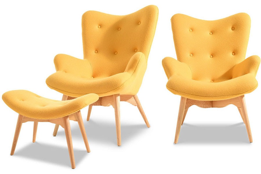 Комплект: кресло и банкетка с обивкой из ткани. Цвет желтый.