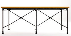 Большой обеденный стол на металлическом каркасе и колесиках. Цвет: темно-коричневый.
