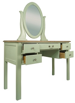 Туалетный столик из дерева с овальным зеркалом и ящиками. Цвет оливковый.
