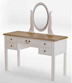 Туалетный столик из дерева с овальным зеркалом и ящиками. Цвет бежевый.