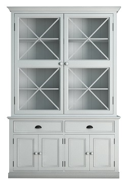 Большой деревянный буфет со стеклянными вставками. Цвет белый.