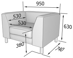 Мягкое кресло на ножках. Габаритные размеры.