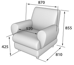 Мягкое кресло с тканевой обивкой. Габаритные размеры.