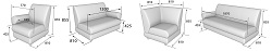 Секции для сборки дивана. С подлокотниками: одноместная, двухместная, угловая, трехместная. Габаритные размеры.