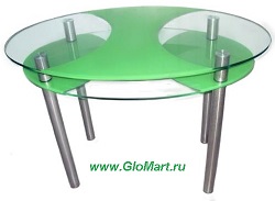 Овальный стеклянный стол с полочкой и геометрическим рисунком. Опоры металлические.