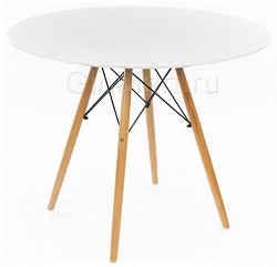 Круглый нераскладной кухонный стол из ЛДСП и пластика на деревянных ножках. Цвет белый.