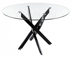 Круглый стеклянный стол на трех ножках черного цвета.