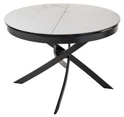 Круглый раскладной стол из керамики и стекла на металлических опорах. Цвет: белый мрамор.