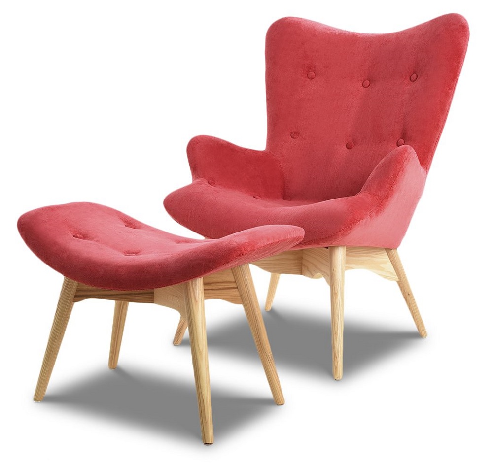 Комплект: кресло и банкетка с обивкой из ткани. Цвет бордо.