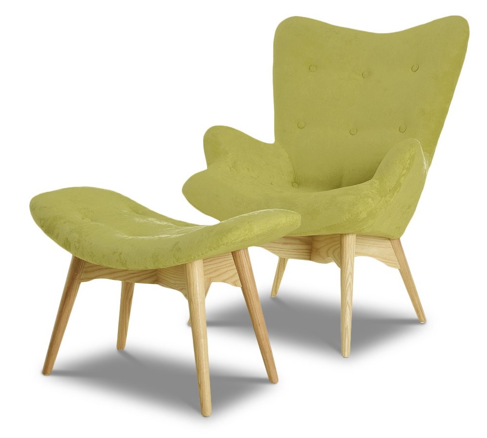 Комплект: кресло и банкетка с обивкой из ткани. Цвет оливковый.