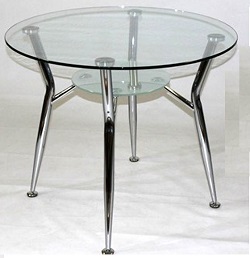 Круглый стол из стекла на металлокаркасе.