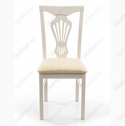 Деревянный стул с мягким сиденьем. Цвет каркаса молочный. Обивка из ткани с рисунком 